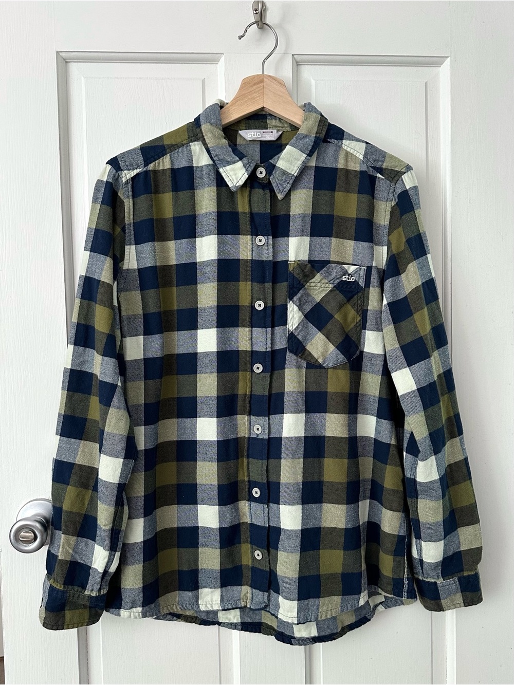 STIO Women's Blue Green Plaid Button Down Shirt 100% Organic Cotton Flannel M